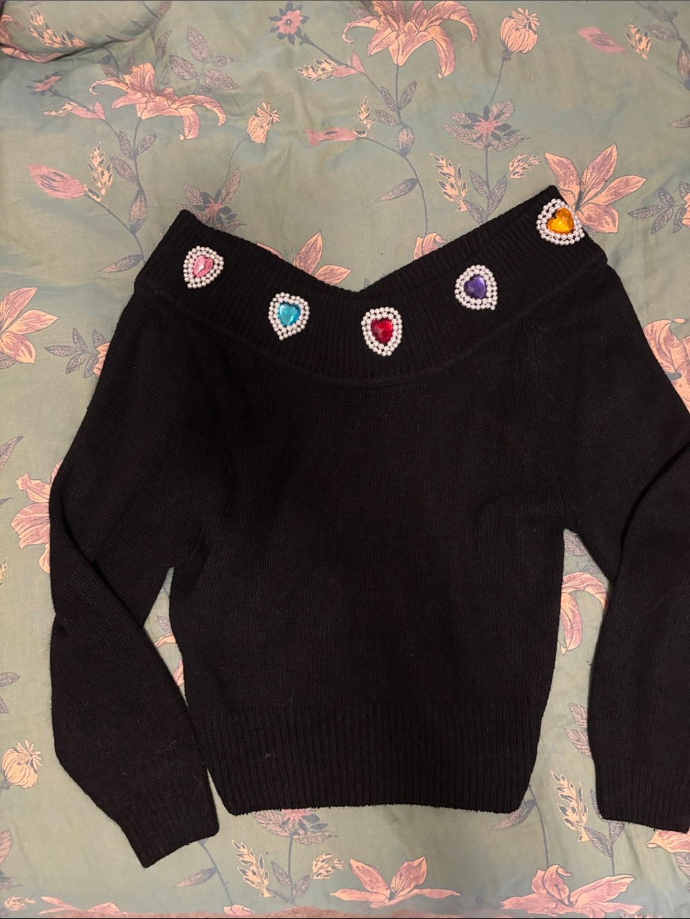 Black Off-Shoulder Sweater with Multicolor Gem Accents